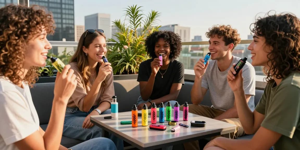 Group of friends enjoying weed vapes on a sunny rooftop, showcasing vibrant cannabis culture.