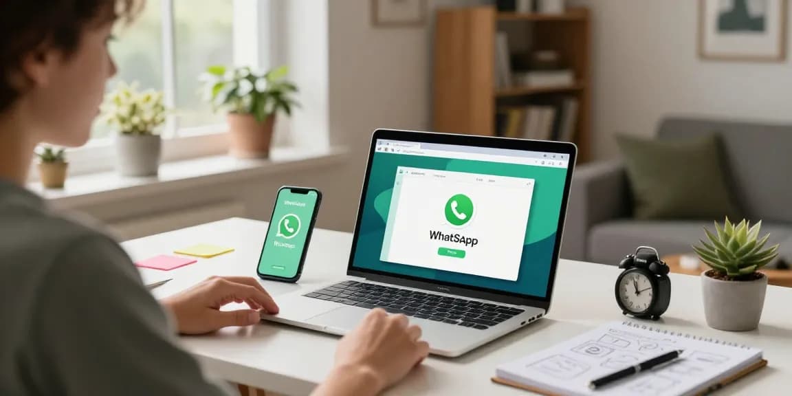 Using WhatsApp電腦版 on a modern home office desk with vibrant greenery.