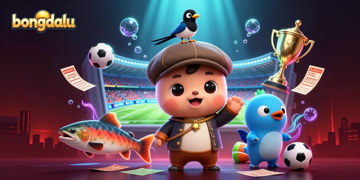 Bongdalu showcases live sports betting excitement with cartoon characters engaged in colorful activities.