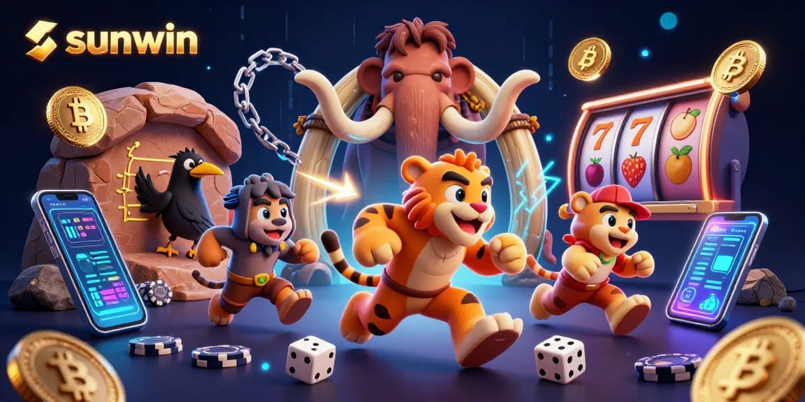 Experience sunwin's engaging prehistoric casino scene with vibrant 3D elements and dynamic gaming visuals.
