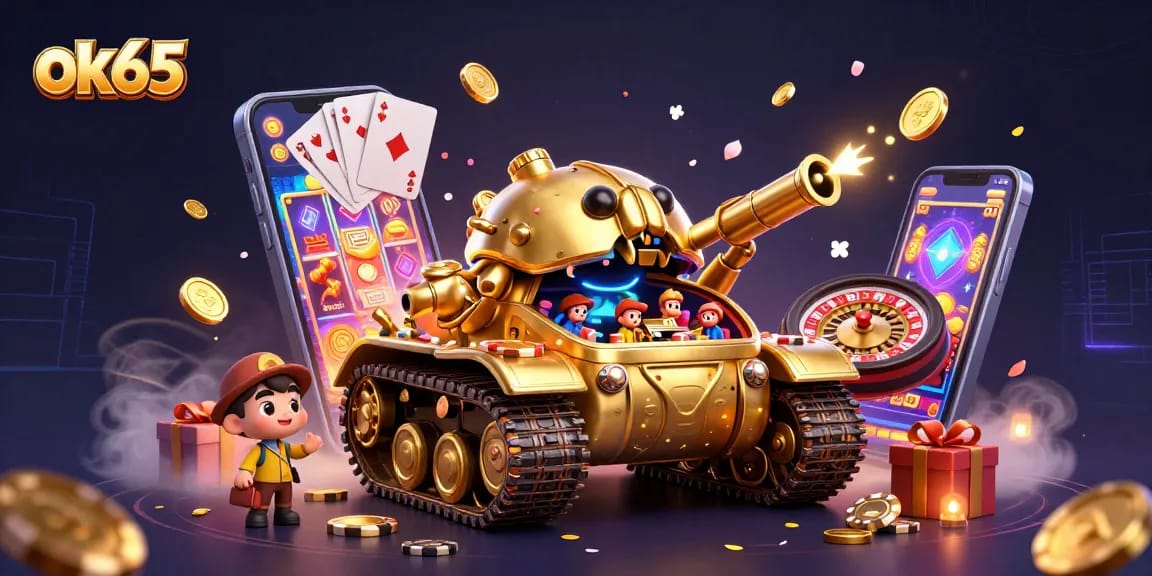 Spin and win in an immersive casino experience with ok65, featuring a golden beetle tank and slot games.