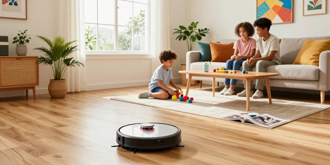 robot vacuum 2026 effortlessly cleaning a sunny living room while a family enjoys time together