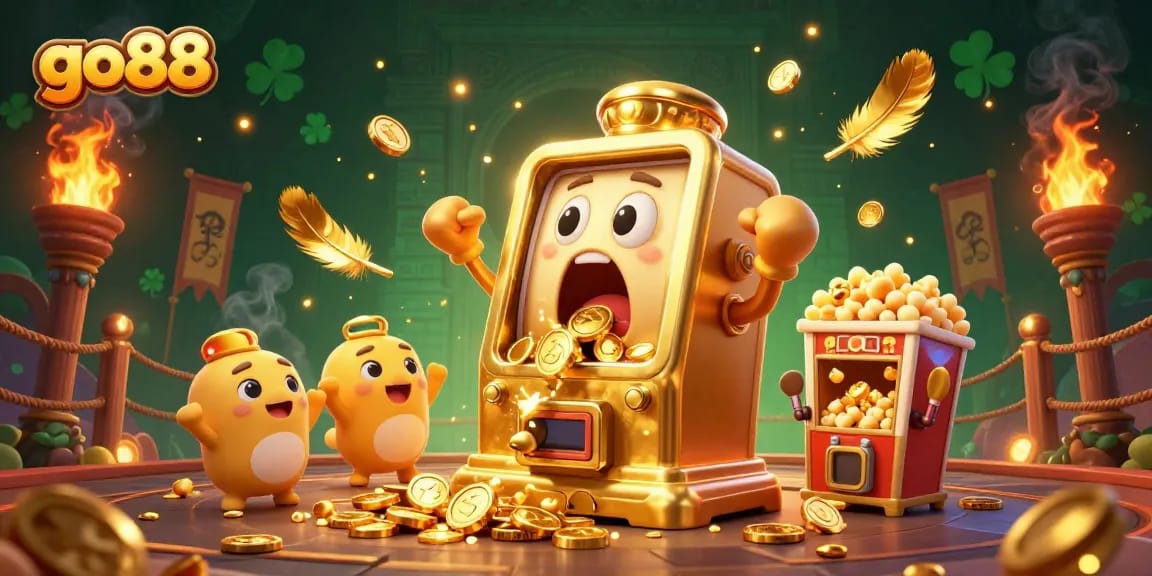 Experience the excitement of go88's golden slot machines hitting jackpots amidst a vibrant casino scene.