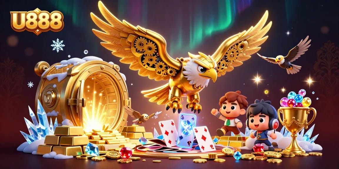 Experience thrill at U888 with 3D golden eagle soaring amidst cards, treasures, and excitement!
