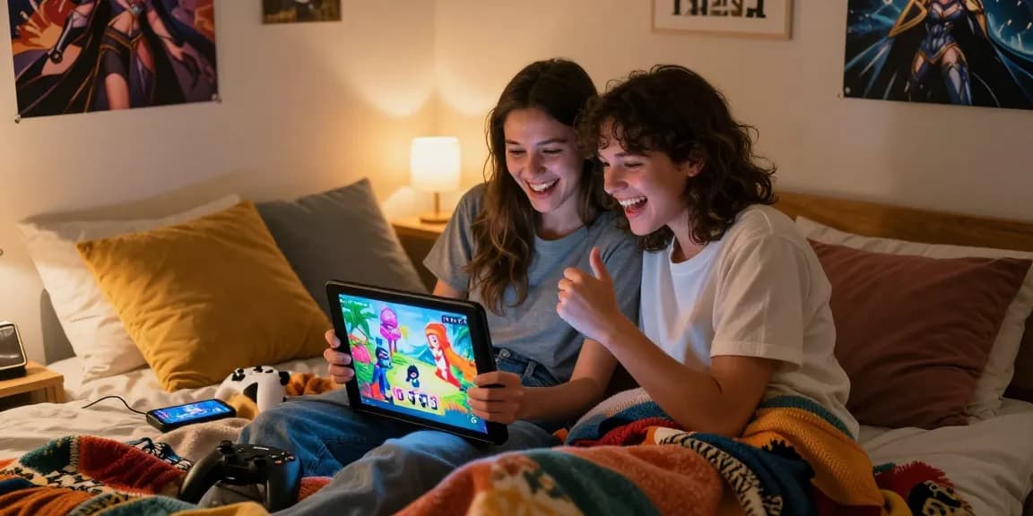 Cozy bedroom gaming with lewdspot visual novel, couple enjoying playful atmosphere.
