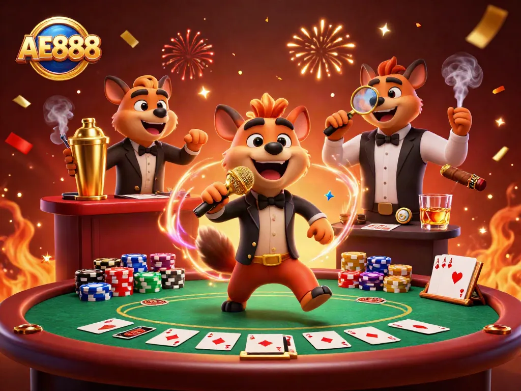 Join the comedic fun at AE888's cartoon casino featuring hyenas engaging in gambling activities.