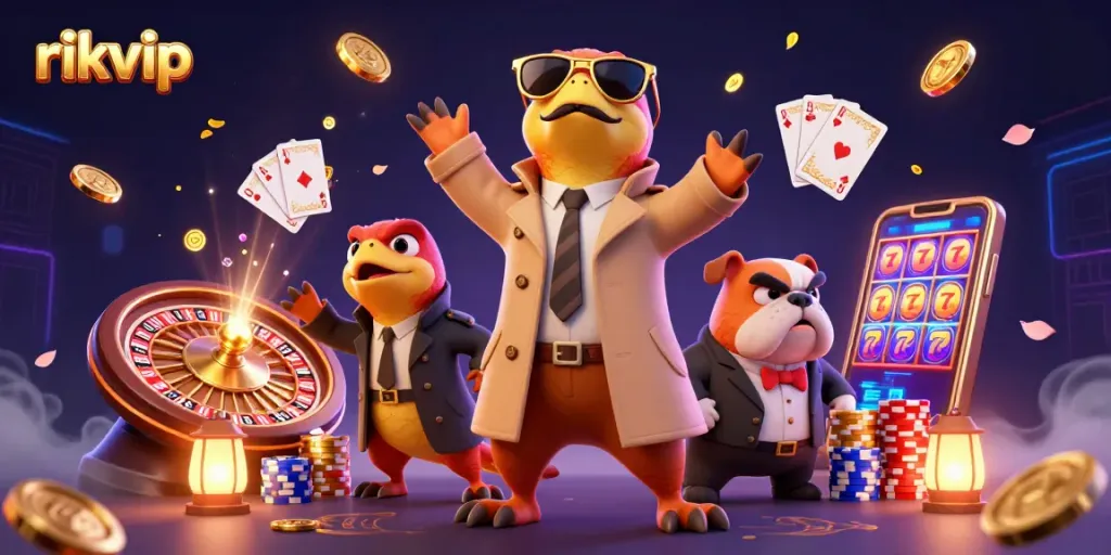 Experience excitement with rikvip's vibrant casino scene featuring raptors and a bulldog bouncer.