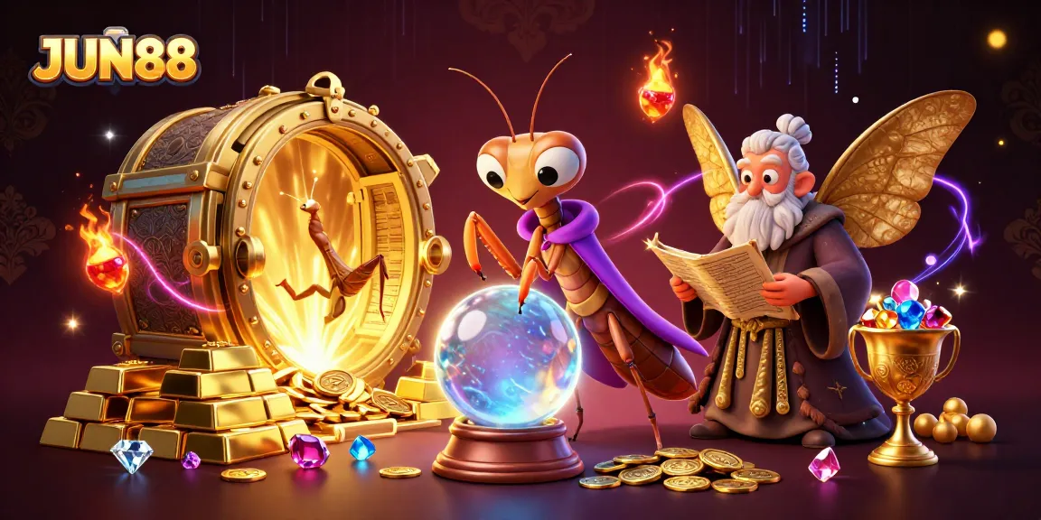 Engage with JUN88's magical casino world featuring whimsical characters and treasure elements.