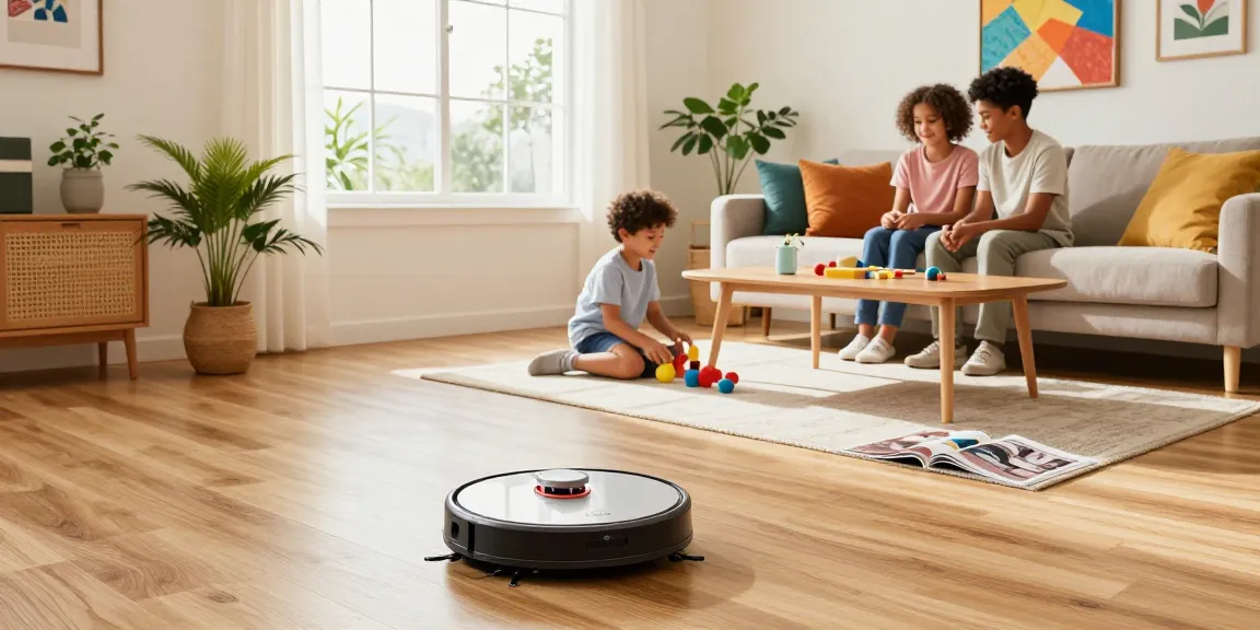 robot vacuum 2026 effortlessly cleaning a sunny living room while a family enjoys time together