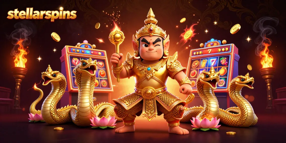 Experience stellarspins in this vibrant 3D illustration with Thai guardians amidst dynamic slot game elements.
