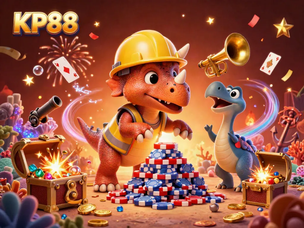 Experience the vibrant world of KP88 casino, featuring joyful dinosaur characters celebrating wins with poker chips and treasures.