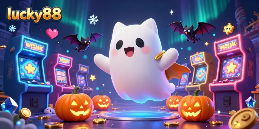 Experience thrilling gaming with lucky88 at a vibrant haunted casino filled with colorful characters.