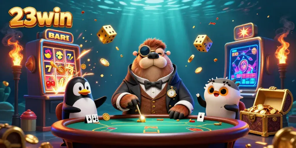 Engage with the lively 23win casino scene featuring a walrus and friends at an underwater poker table.