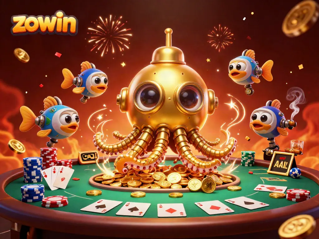 Experience the thrill of gambling with Zowin's vibrant, dynamic casino scene featuring poker elements.