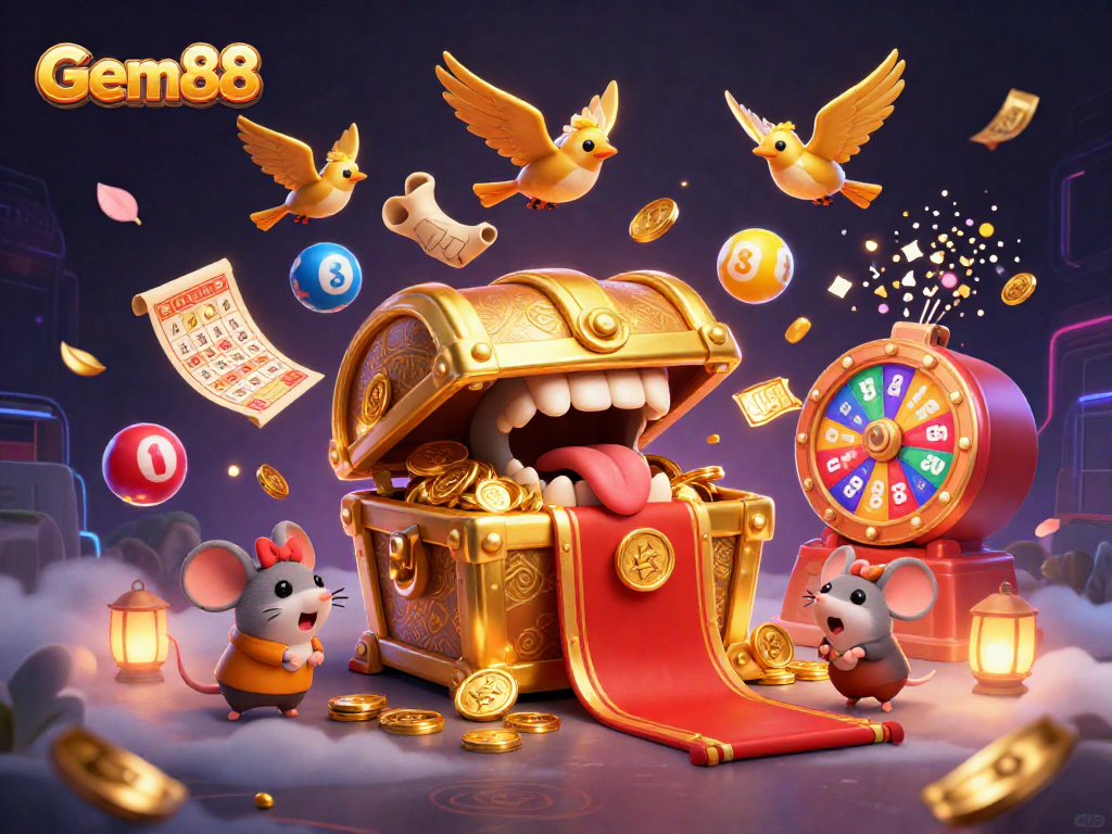 Discover winning opportunities with Gem88 in a vibrant casino illustration featuring action-packed elements.