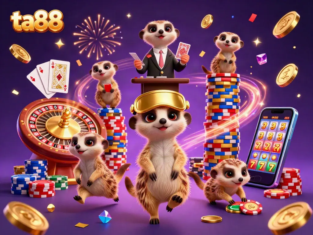 Experience thrilling wins at ta88 with cartoon meerkats managing a vibrant casino, showcasing games, chips, and energy.