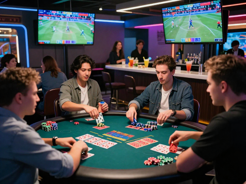 Engaged players enjoying dynamic gaming at GB444 casino with vibrant atmosphere and live sports displays.