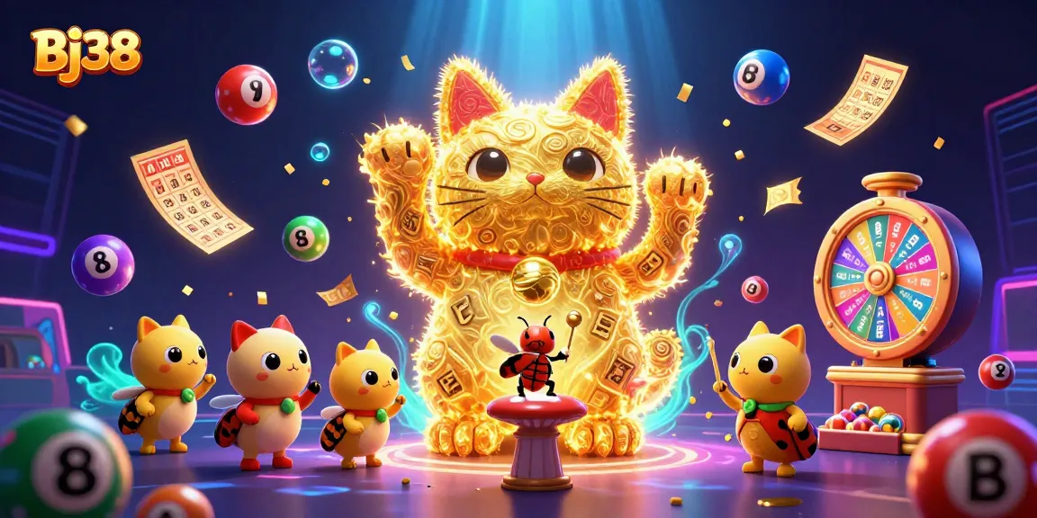 Bj38 offers a vibrant casino experience with a giant lucky cat and lively gaming elements.