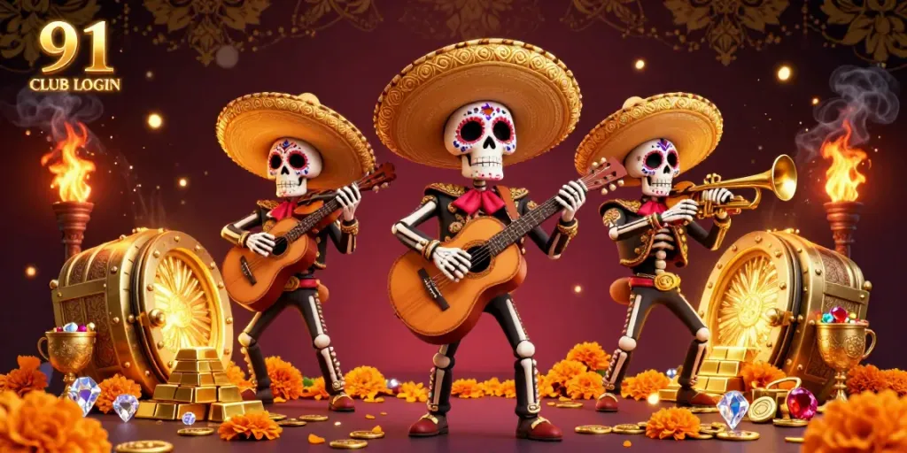 Engage with the vibrant 91 CLUB LOGIN scene featuring a lively mariachi band amidst gold treasures.