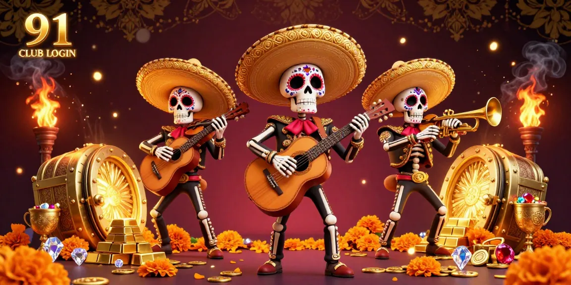 Engage with the vibrant 91 CLUB LOGIN scene featuring a lively mariachi band amidst gold treasures.