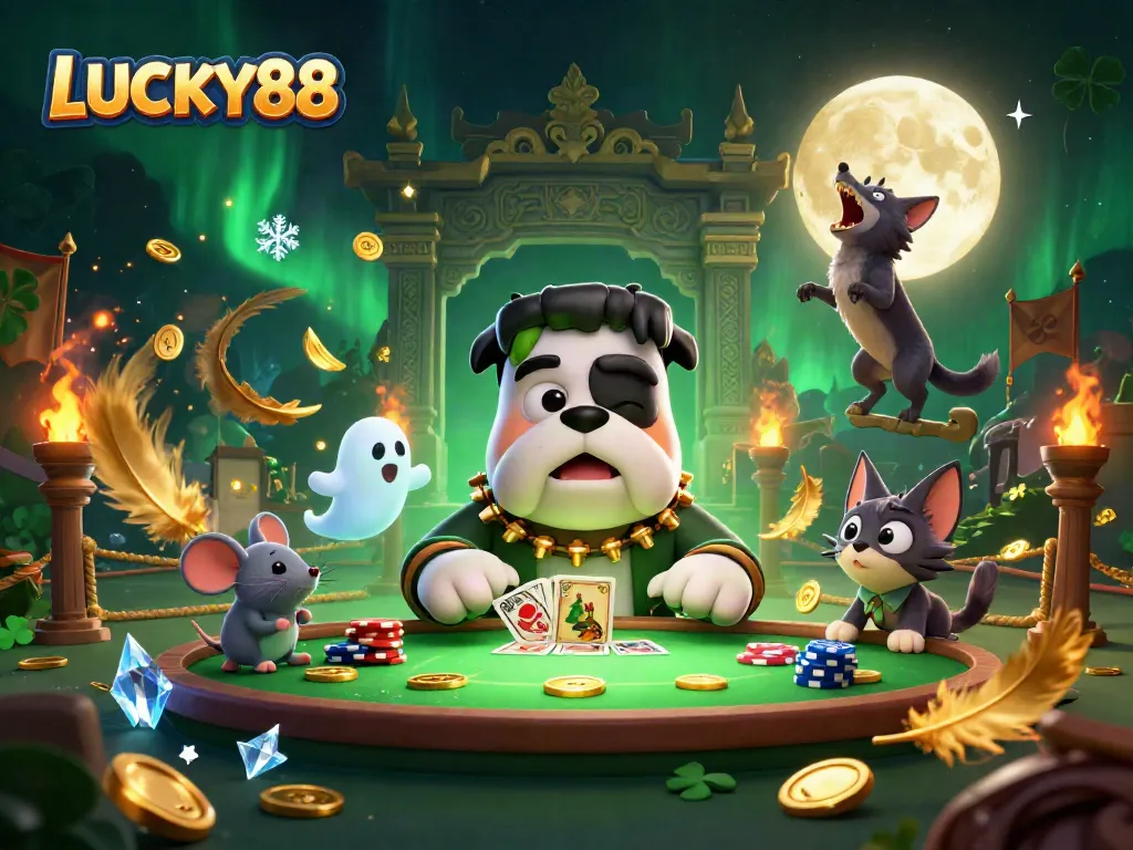 Experience the thrill of LUCKY88 with a lively 3D casino scene featuring unique characters and vibrant visuals.