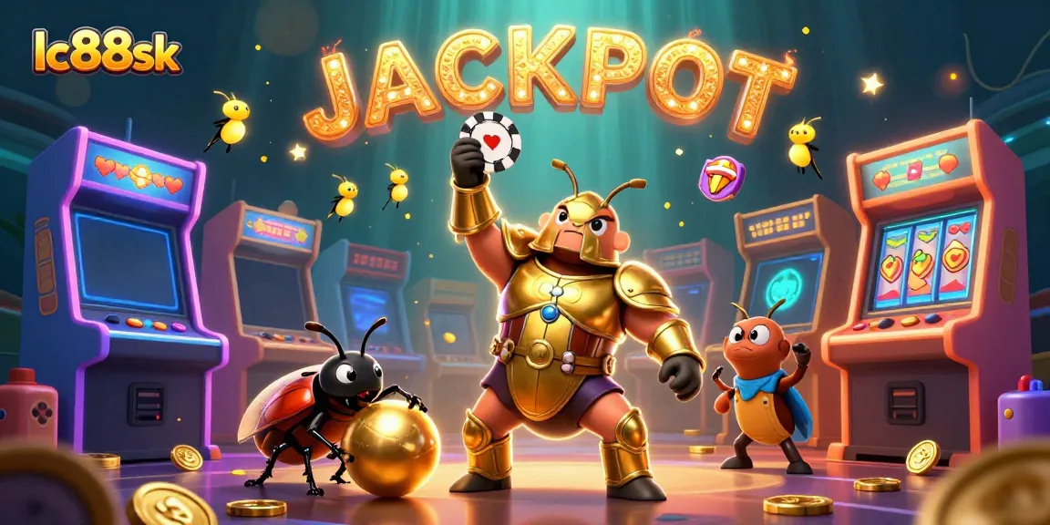 Engage with lc88sk's vibrant casino scene featuring a victorious beetle champion and glowing game elements.