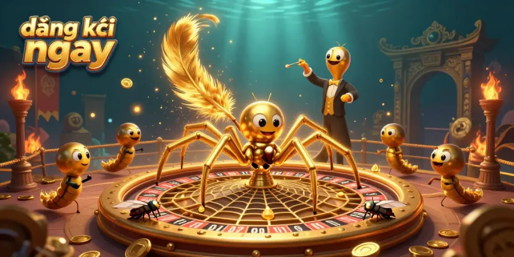 Engaging illustration showcasing a casino theme with the phrase đăng ký ngay, featuring a spider, fly, and centipede.