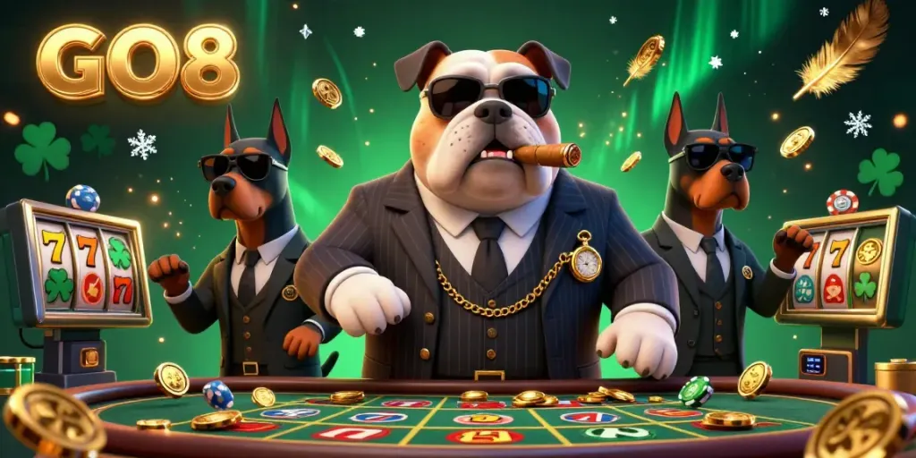 Experience the thrill of GO8 with a mafia boss bulldog and bodyguard Doberman pinschers in a dynamic casino setting.