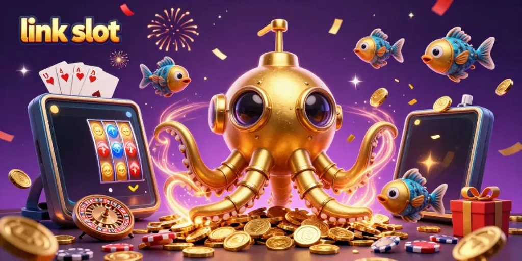 Experience the thrilling link slot adventure with a golden kraken submarine and vibrant slot game elements.