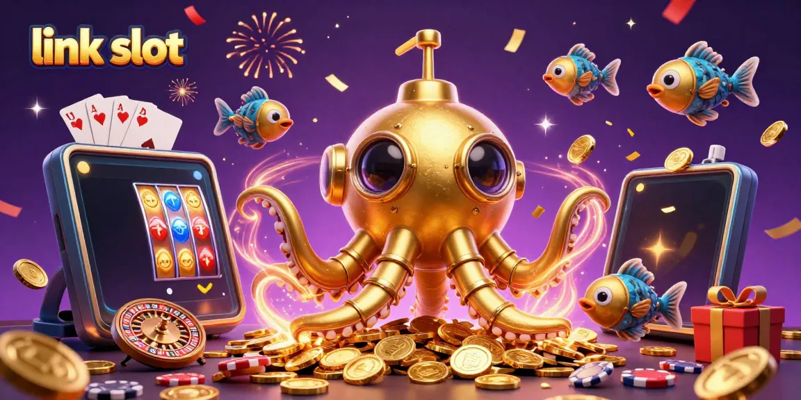 Experience the thrilling link slot adventure with a golden kraken submarine and vibrant slot game elements.