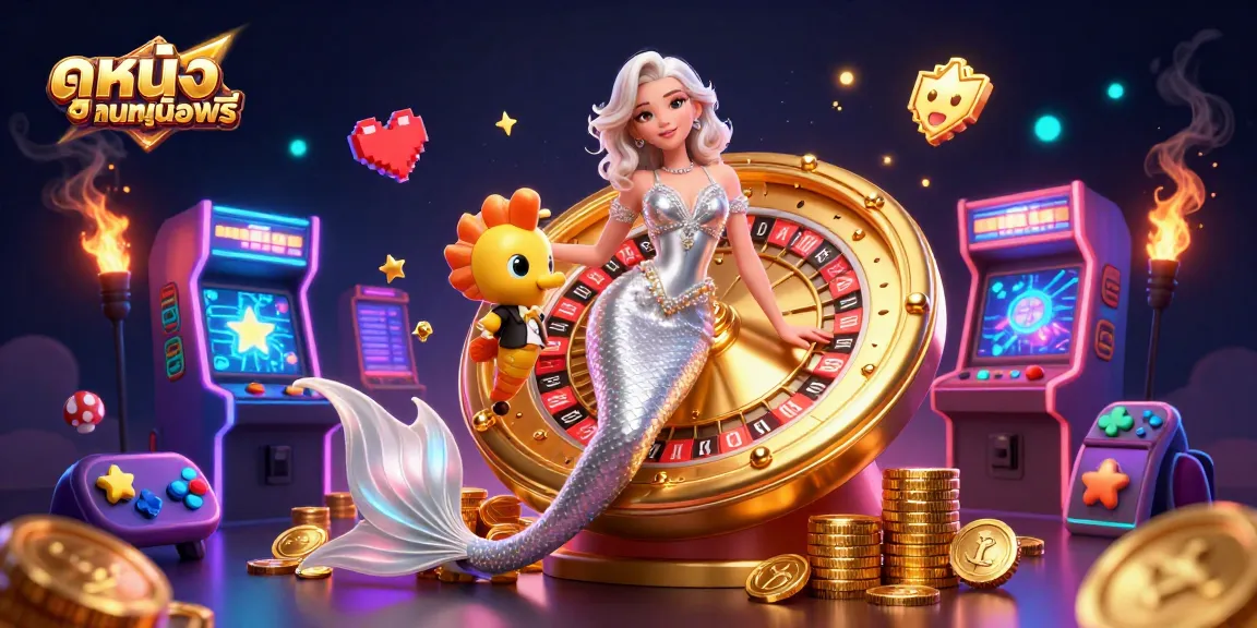 Experience ดูหนังออนไลน์ฟรี with a stunning mermaid and roulette wheel in a vibrant casino setting.