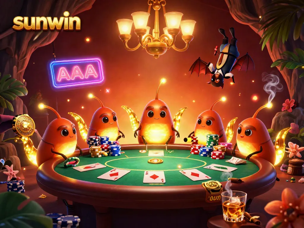 Experience the thrill of gambling at sunwin's vibrant cave casino featuring playful glowworms and rich poker elements.