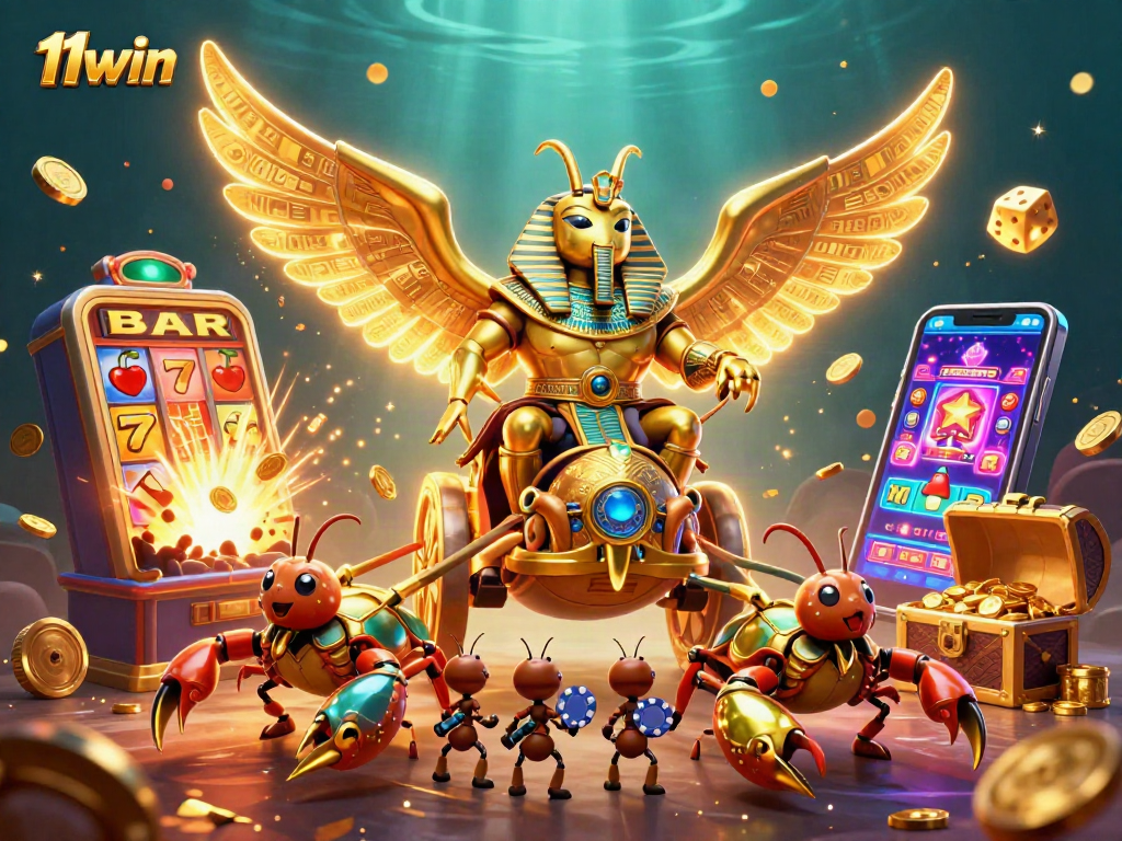 Experience thrilling gameplay with 11win as the golden scarab and scorpions celebrate jackpot wins.