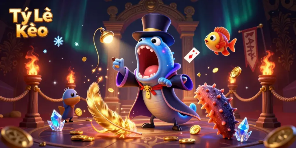 Tỷ Lệ Kèo - A vibrant scene with a magician eel performing card tricks, surrounded by gold coins and dynamic casino elements.