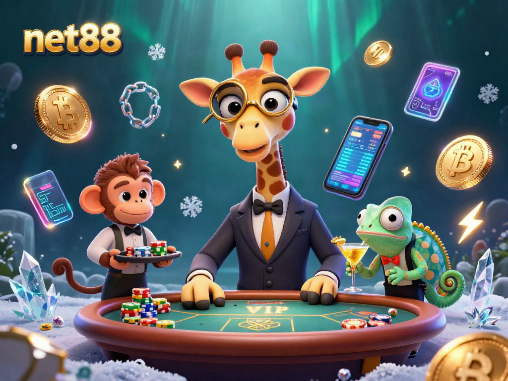 Bet big on net88 with a high-rolling giraffe at a VIP poker table surrounded by crypto-themed elements.
