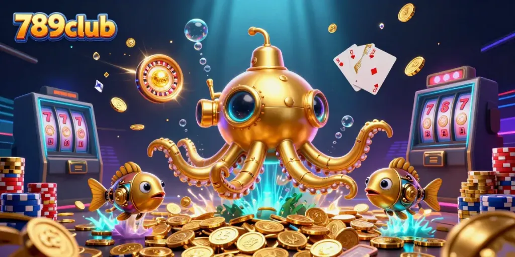 Experience the thrill of 789club with a vibrant 3D illustration of a kraken submarine and casino elements.