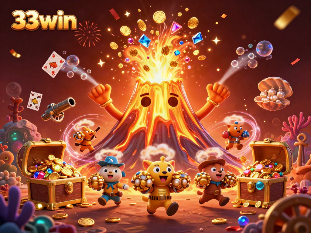 Engage with 33win's thrilling gaming experience, featuring a victorious volcano, treasure, and celebration in 3D.