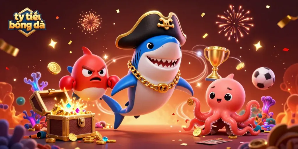 Engage with tỷ lệ bóng đá in this dynamic illustration of a pirate shark and friends surrounded by betting elements.