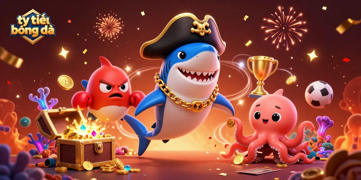 Engage with tỷ lệ bóng đá in this dynamic illustration of a pirate shark and friends surrounded by betting elements.