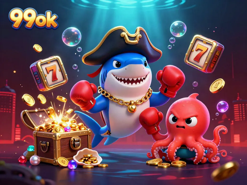 Experience thrilling gaming action with 99ok's dynamic underwater casino scene featuring colorful characters and elements.