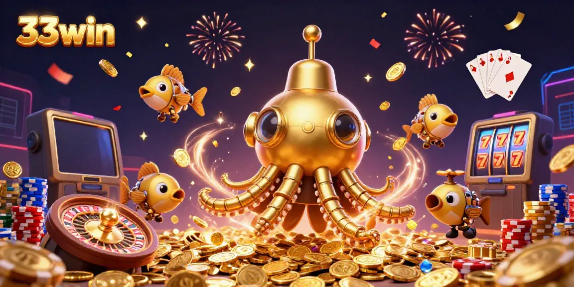 Engage in the thrilling world of 33win, featuring a golden kraken submarine amidst dynamic casino elements.