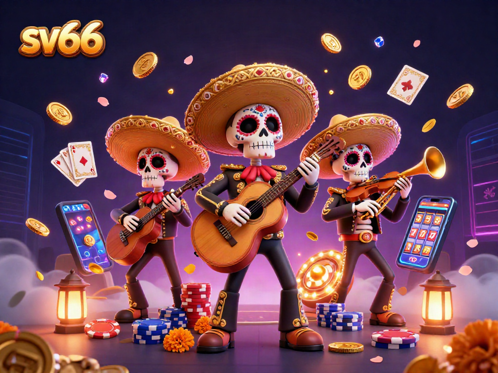 Engage with sv66 at the vibrant online casino featuring a dynamic mariachi band amidst gold coins.