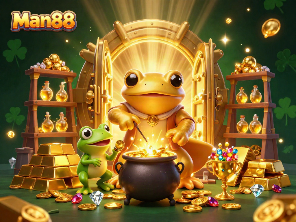 Experience dynamic gaming action with man88 in an enchanting 3D treasure scene.
