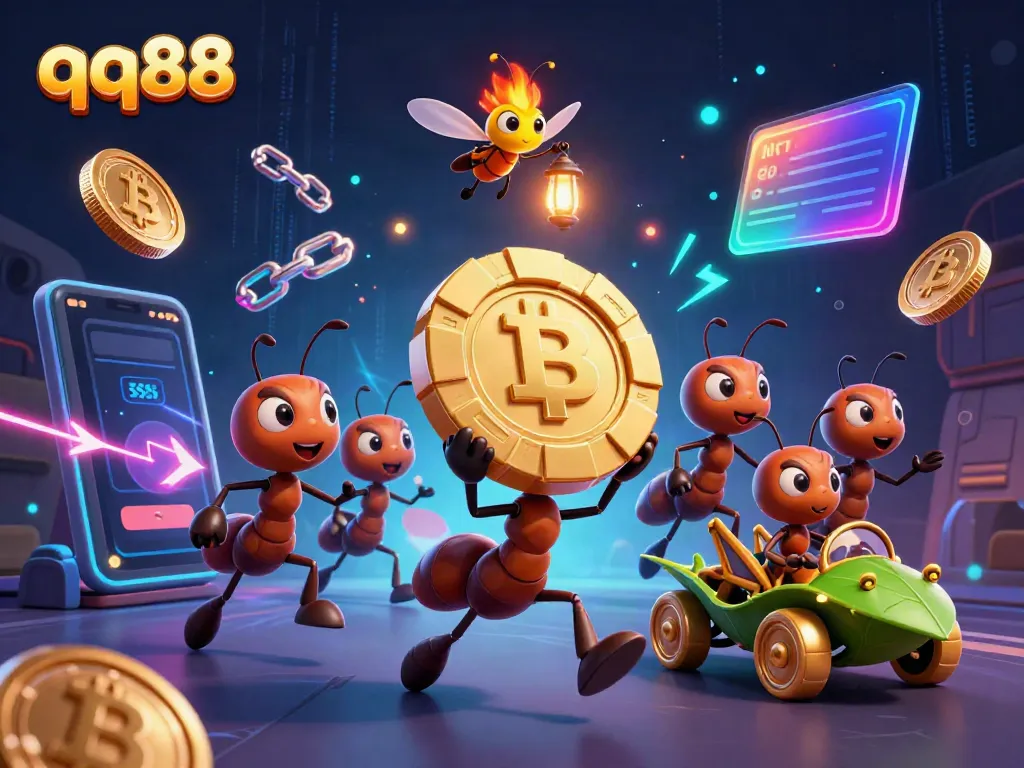 Experience thrilling gameplay with qq88 as a cartoon team of ants executes a heist in a vibrant casino scene.