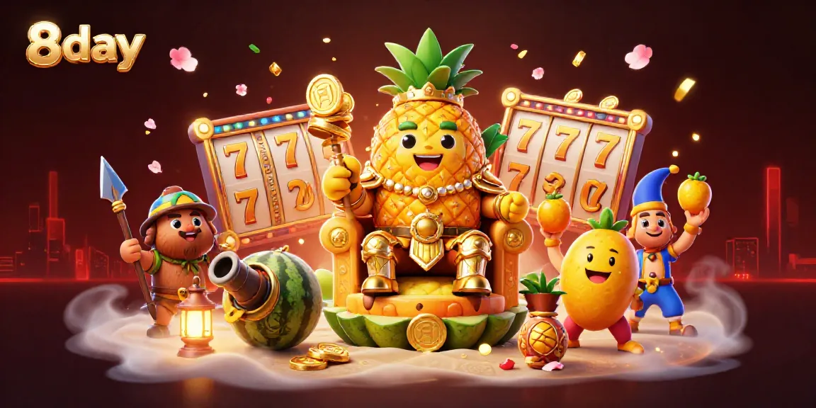 Experience the vibrant 8day beach casino scene with a golden pineapple king and dynamic gaming elements.