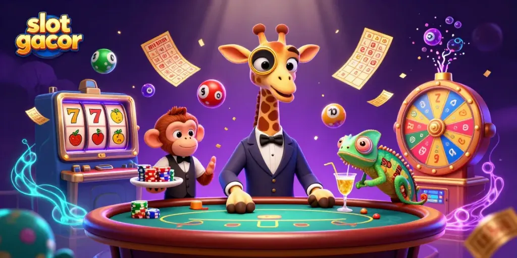 Experience the thrill of slot gacor gaming with a flamboyant scene featuring colorful characters and casino elements.
