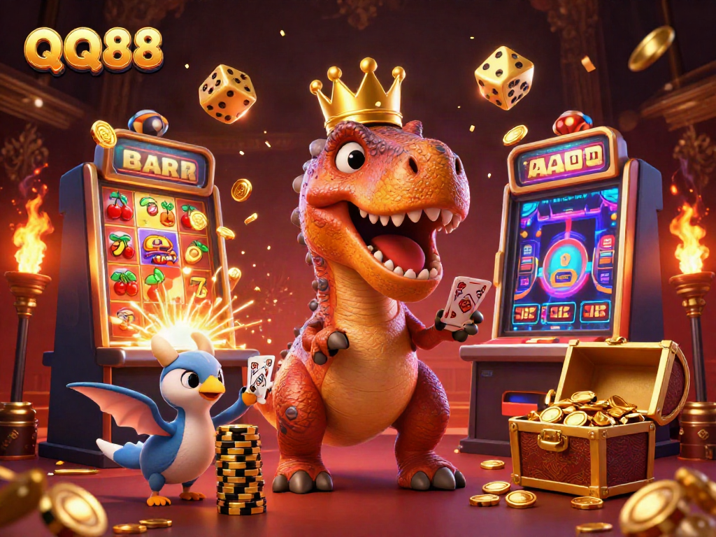 Experience the vibrant, dynamic world of QQ88 Casino with friendly characters in an exciting game scene.