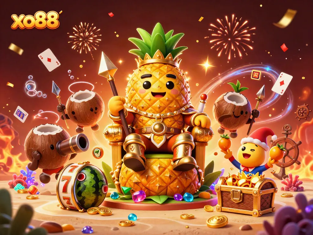Experience thrilling gameplay with xo88 in a vibrant, action-packed 3D casino scene featuring a golden pineapple king.