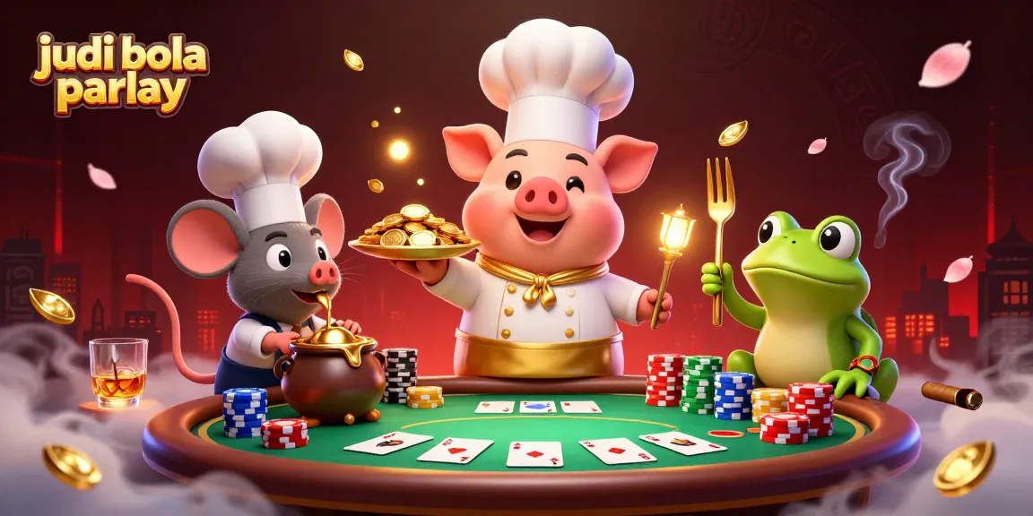 Engage with judi bola parlay as chef pig serves gold coins with poker elements in a vibrant 3D scene.