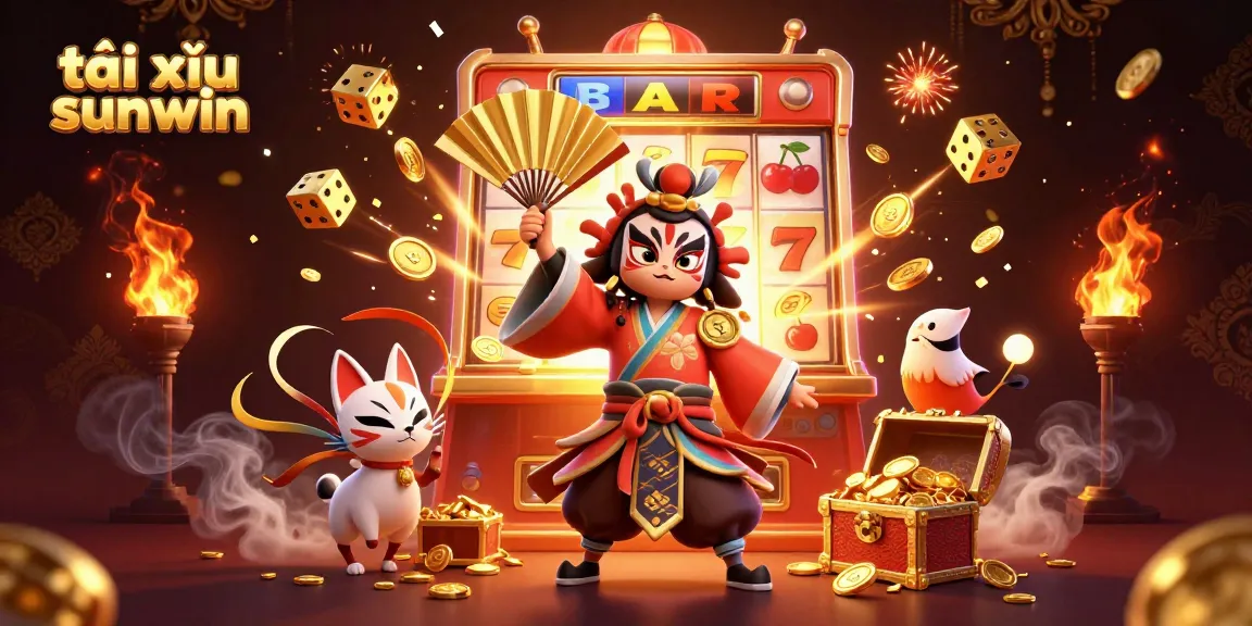 Tai xỉu sunwin game scene featuring a kabuki warrior and slot machines